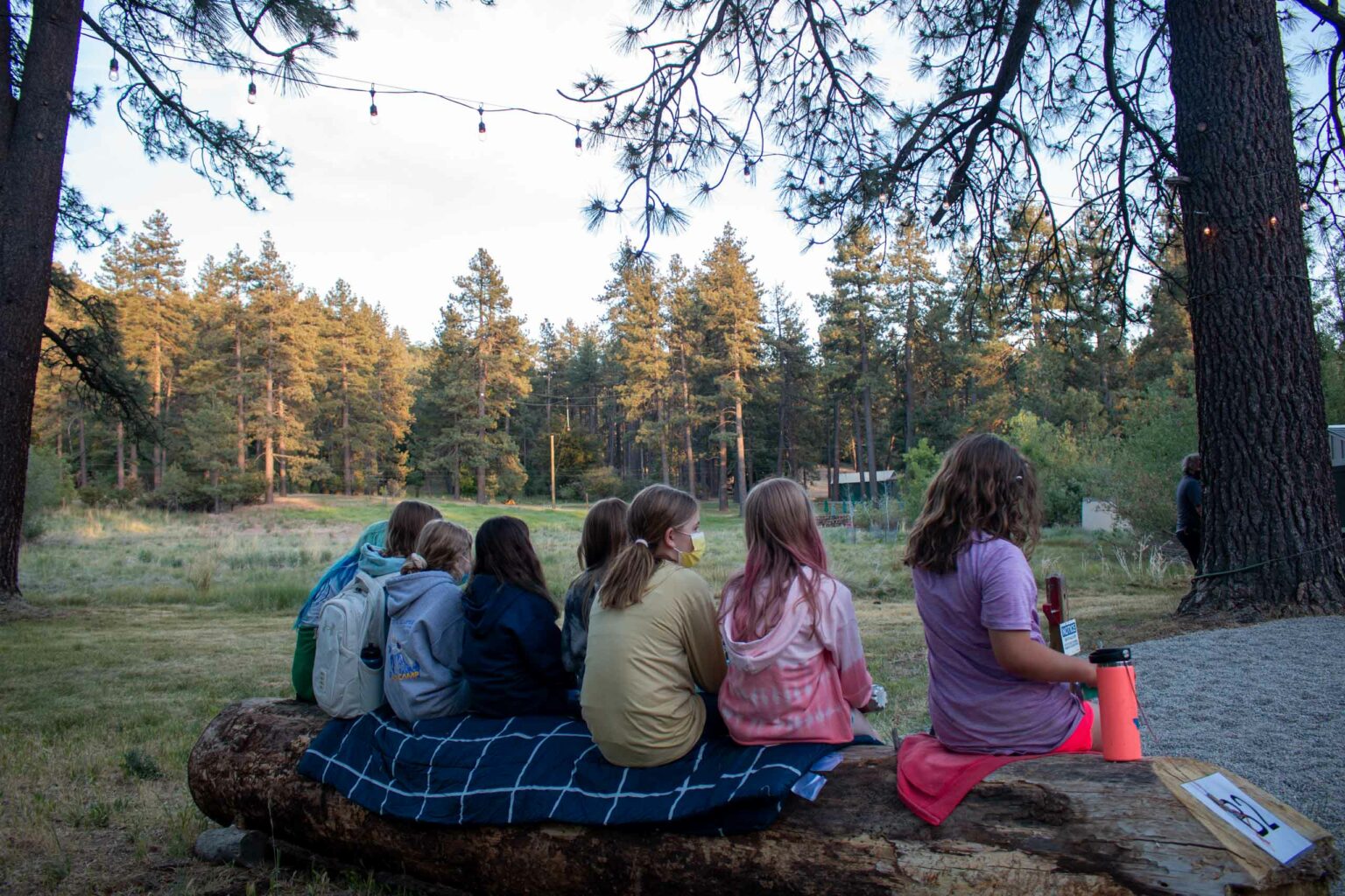Girls sitting on log.