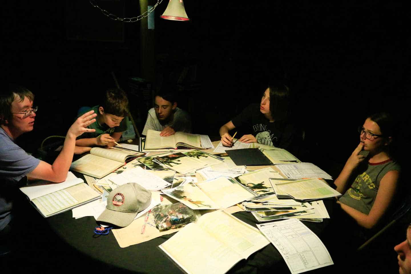 Kids sitting around table with papers.